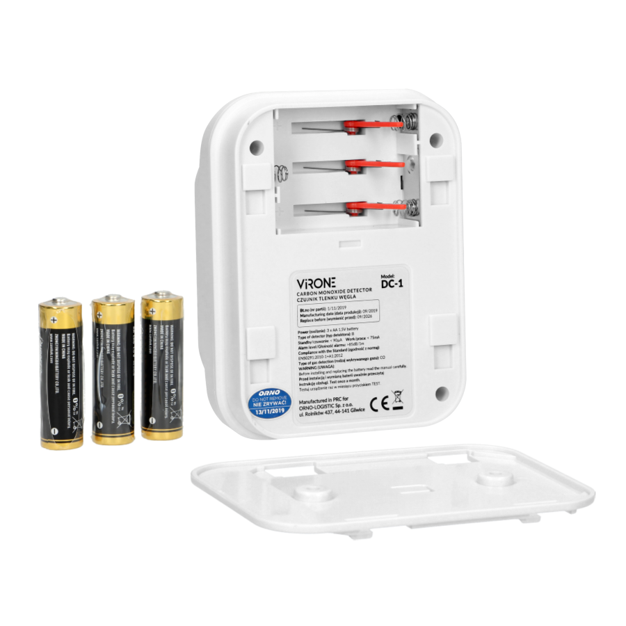 Battery-operated carbon monoxide detector with TEST button, 7 years service life-time