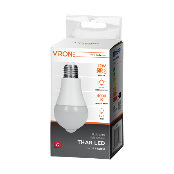 THAR LED PIR 12W A60, bulb with PIR 12W, 850lm, 4000K