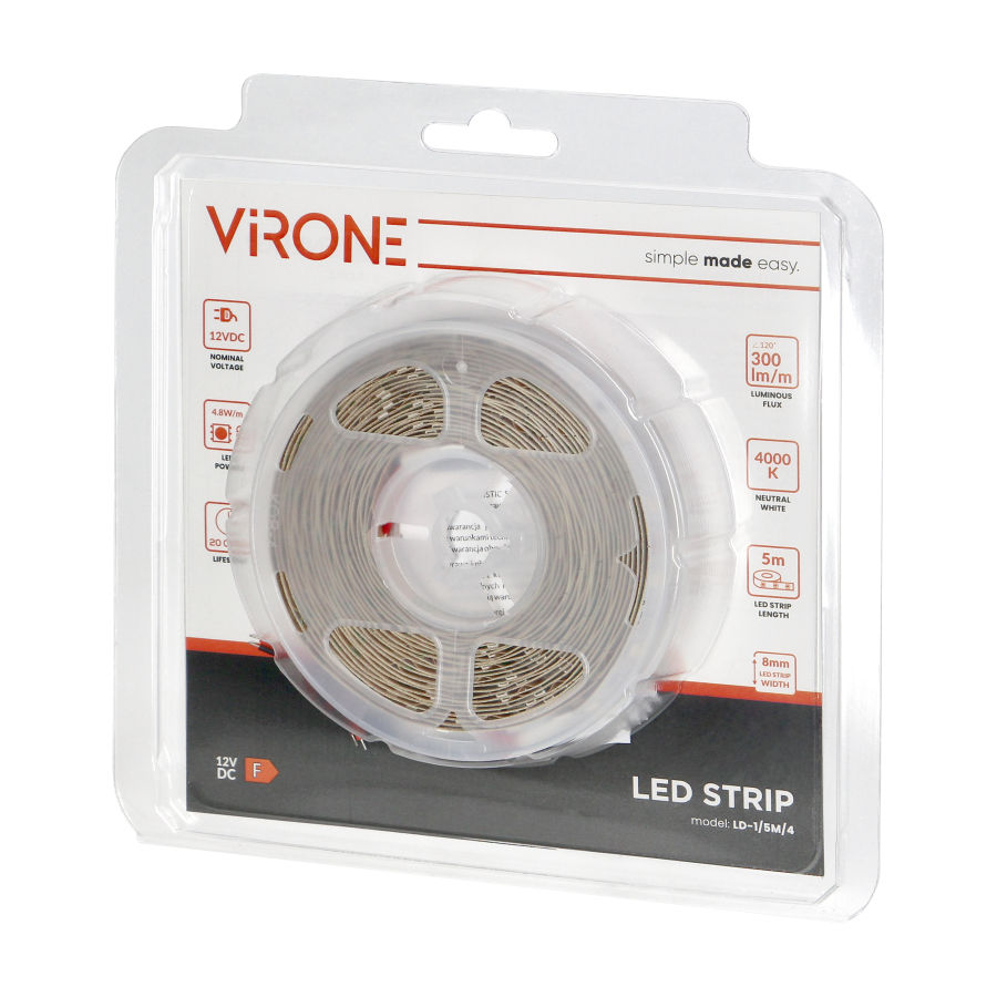 LED lighting strip for furniture and dry room decoration, length 5m, 60 led/m, power supply 12V, neutral colour