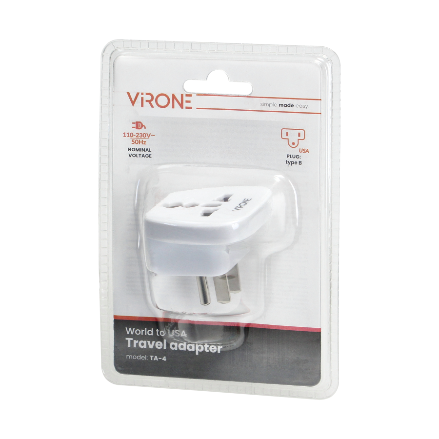 Travel adapter - World to USA, 110-230V/10A, white