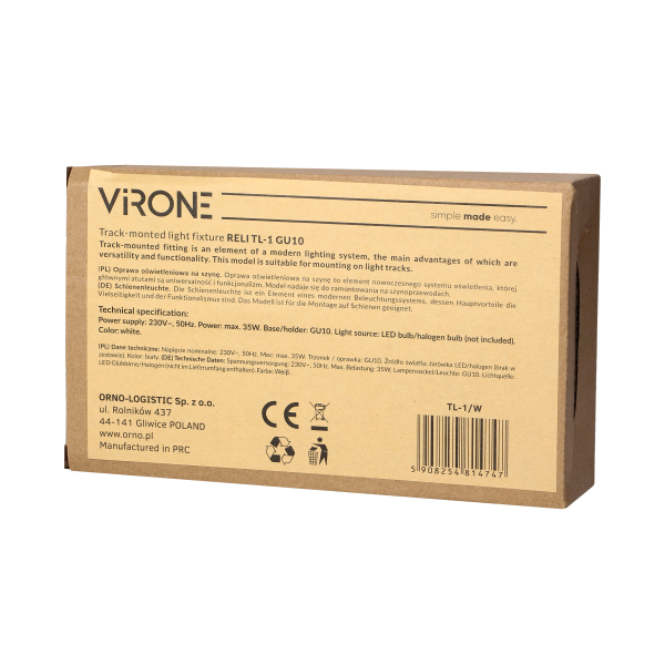 RELI TL-1 GU10 track-mounted light fixture, max 35W, white