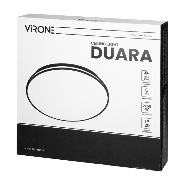 Plafon DUARA, 2xE27 max 120W, IP20, srebrny