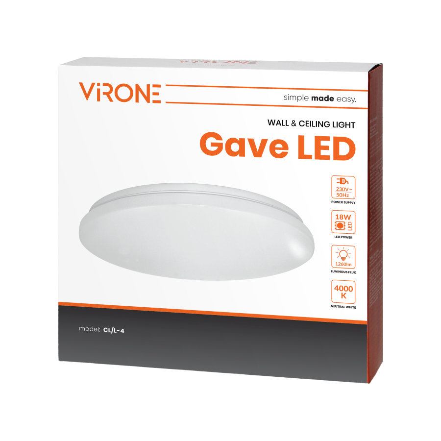 GAVE LED 18W wall and ceiling light, 1260lm, IP20, 4000K