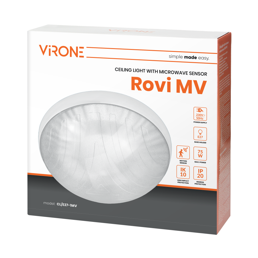 ROVI MV, ceiling light with microwave sensor, 75W, E27, IP20, IK10, clear, polycarbonate lampshade