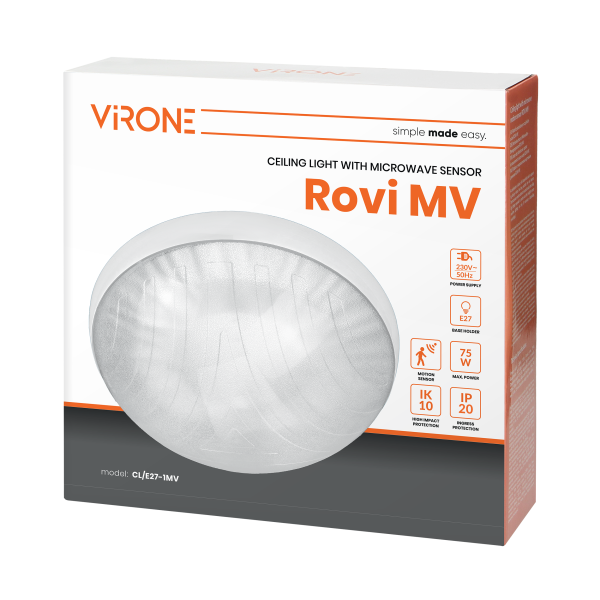 ROVI MV, ceiling light with microwave sensor, 75W, E27, IP20, IK10, clear, polycarbonate lampshade