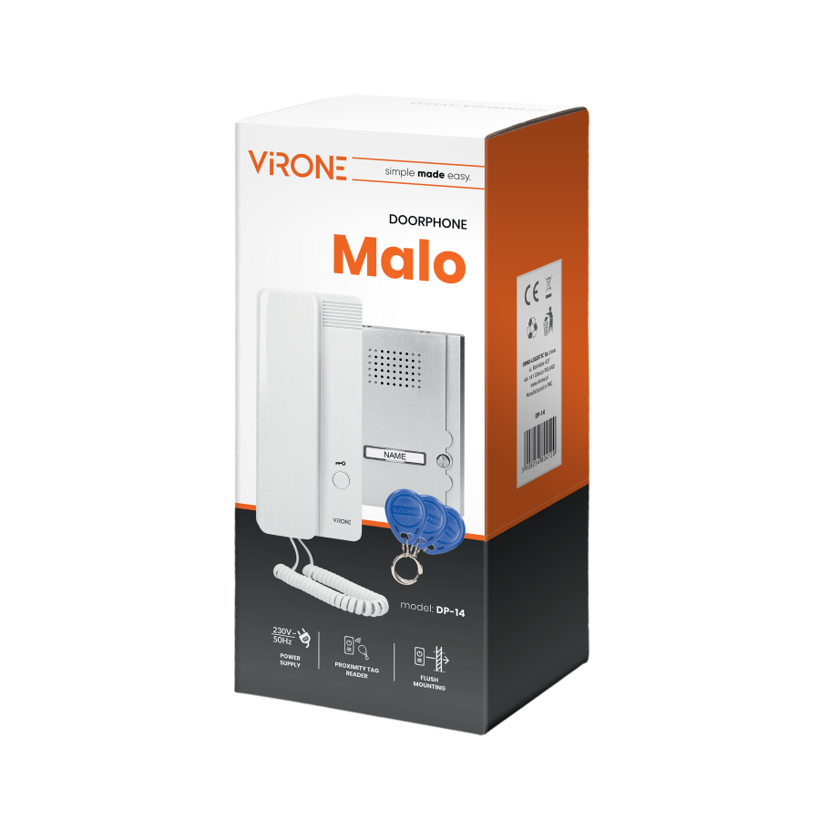Zestaw domofonowy jednorodzinny, podtynkowy z czytnikiem breloków zbliżeniowych, MALO