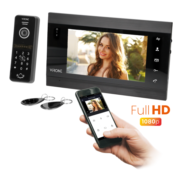 VIFIS Full HD video doorphone set, handset-free, 7" LCD monitor, OSD menu, Full HD camera, code lock, card/proximity tags reader