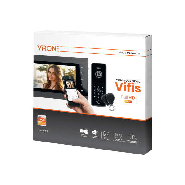 VIFIS Full HD video doorphone set, handset-free, 7" LCD monitor, OSD menu, Full HD camera, code lock, card/proximity tags reader