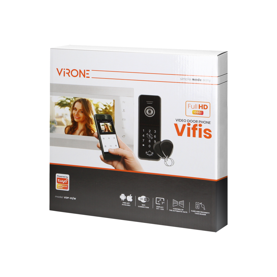 VIFIS Full HD video doorphone set, handset-free, 7" LCD monitor, OSD menu, Full HD camera, code lock, card/proximity tags reader