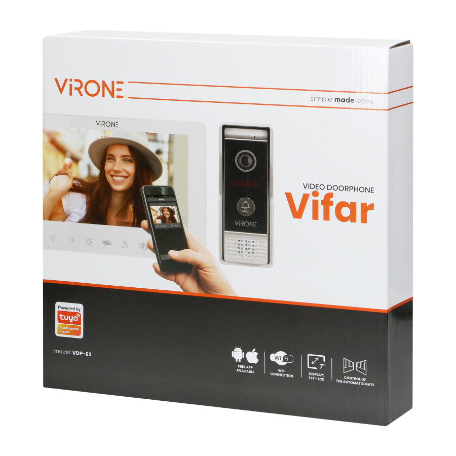 Video doorphone set, LCD 7",  WiFi + smartphone APP, handset-free, gate control, white, VIFAR