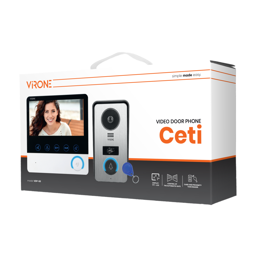 Bezsłuchawkowy zestaw wideo domofonowy CETI, monitor 7" z kartą pamięci TF, czytnikiem kart i breloków, IP44