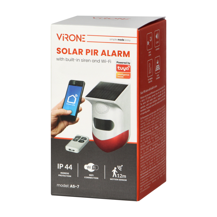 Solar PIR alarm with build-in siren, Wi-Fi and remote control, compatible with TUYA