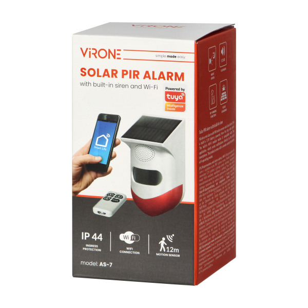 Solar PIR alarm with build-in siren, Wi-Fi and remote control, compatible with TUYA