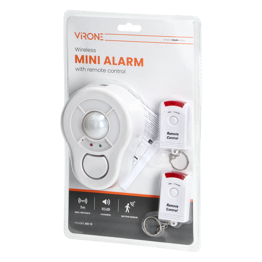 Ceiling wireless mini alarm with an in-built siren and remote control unit, 5m, battery operated