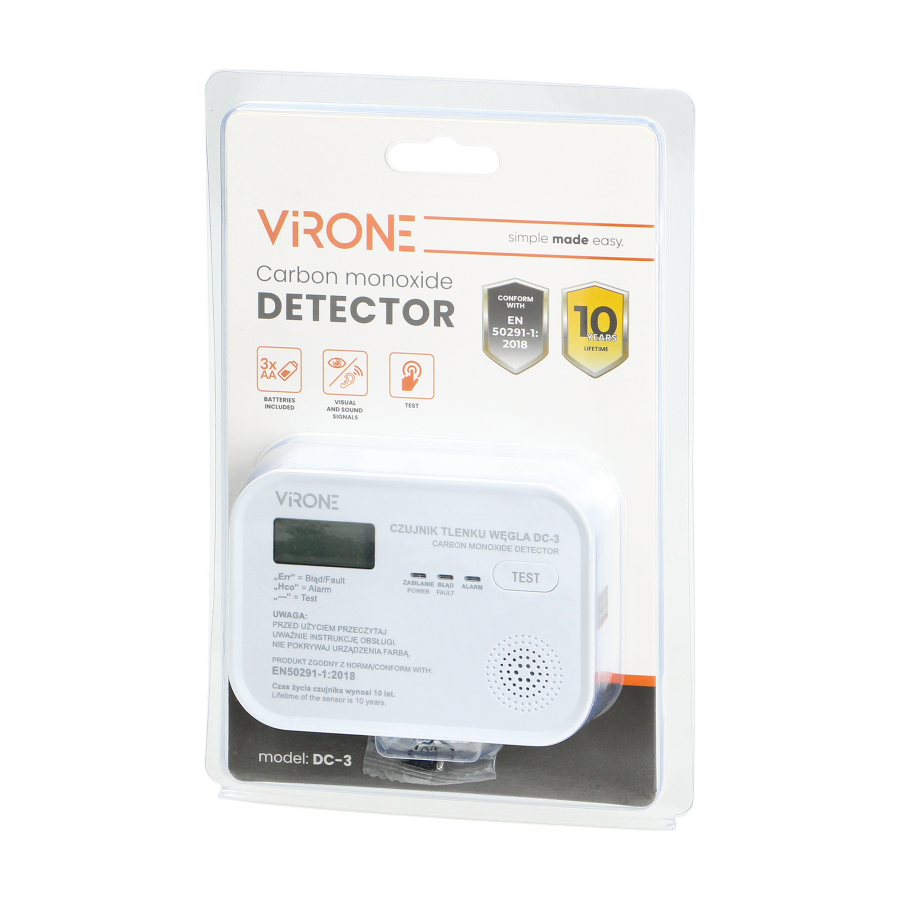 Battery carbon monoxide detector with TEST button, 10-year service life, compliance with the EN 50291-1: 2018 standard, tested i