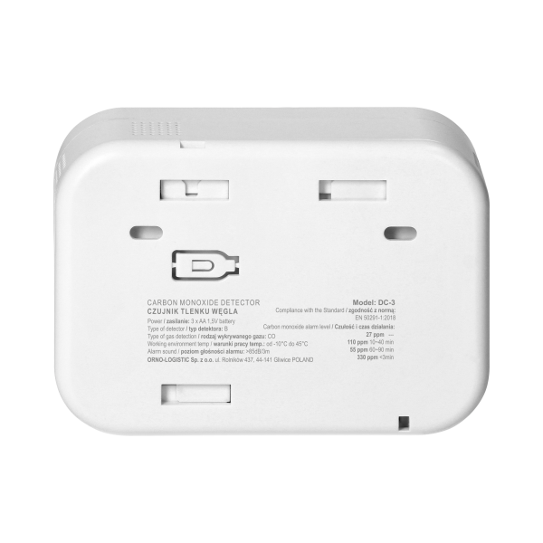 Battery powered carbon monoxide detector with TEST button, service life 10 years, EN 50291-1:2018 compliance