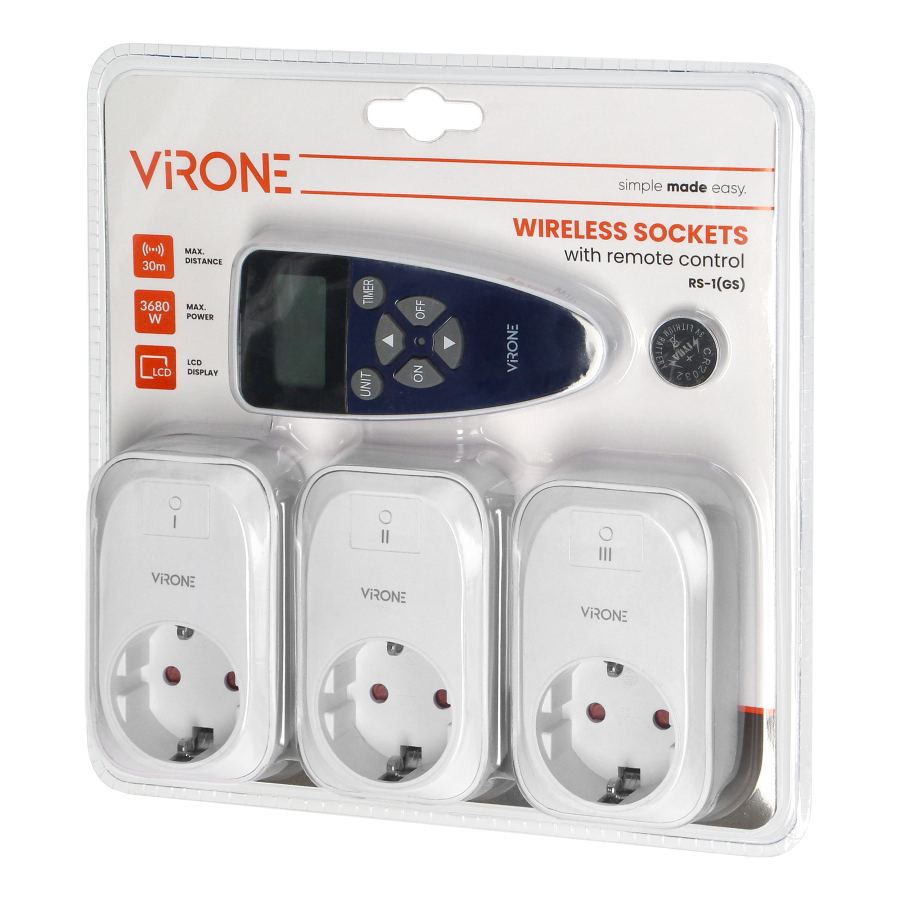 Set of wireless sockets with remote control and timer function, 3+1, Schuko