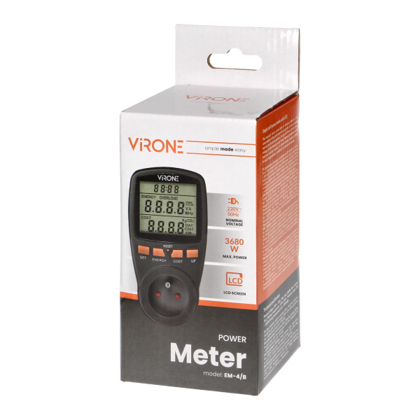 Single tariff power meter, energy calculator with LCD display, built-in battery, black