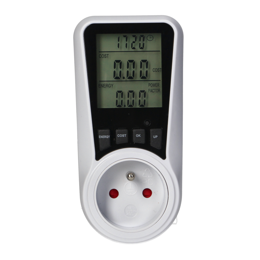 Dual tariff power meter with LCD, 2 tariffs, internal battery, 16A 230V