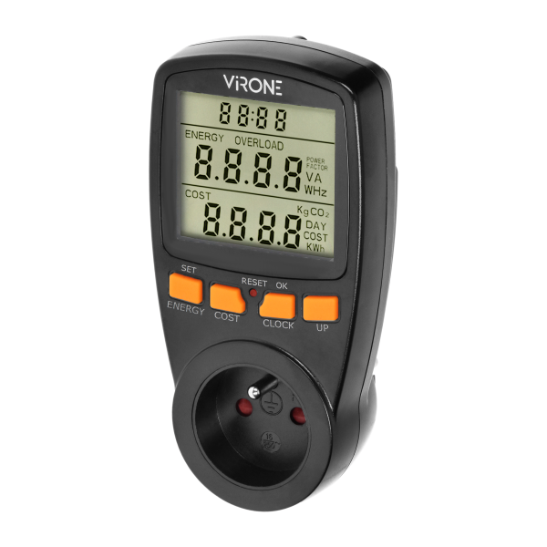 Dual tariff power meter with LCD display, two separate tariffs and integrated battery, black