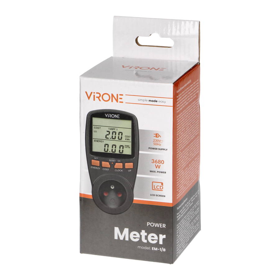 Dual tariff power meter with LCD display, two separate tariffs and integrated battery, black