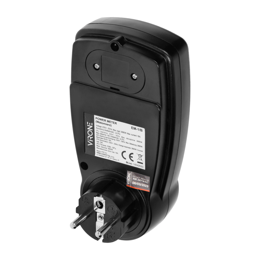 Dual tariff power meter with LCD display, two separate tariffs and integrated battery, black