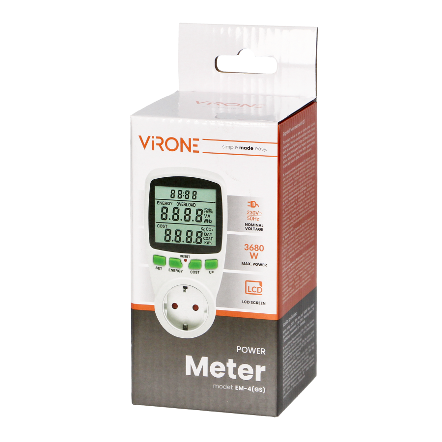 Single tariff power meter, energy calculator with LCD display, built-in battery ,Schuko