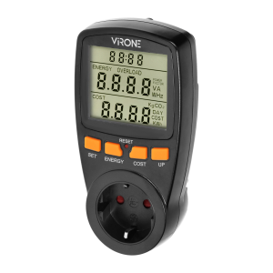 Jednotaryfowy watomierz, kalkulator energii z wyświetlaczem LCD, jedna taryfa, wbudowany akumulator, wersja Schuko, czarny