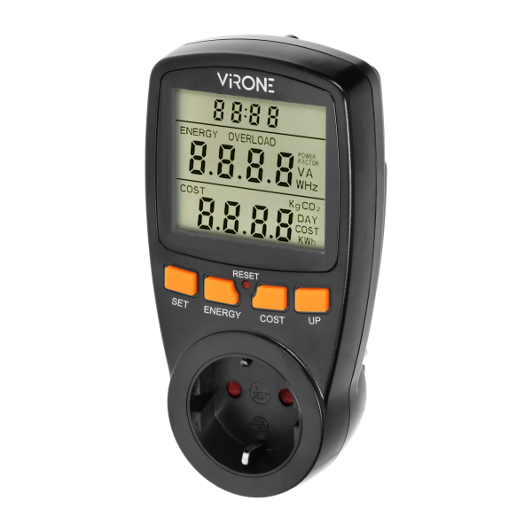 Single tariff power meter, energy calculator with LCD display, built-in battery, Schuko, black