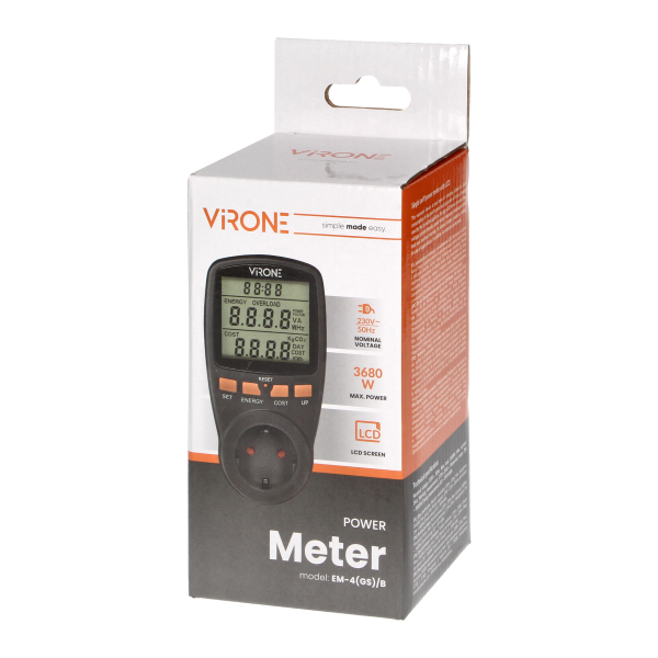 Single tariff power meter, energy calculator with LCD display, built-in battery, Schuko, black