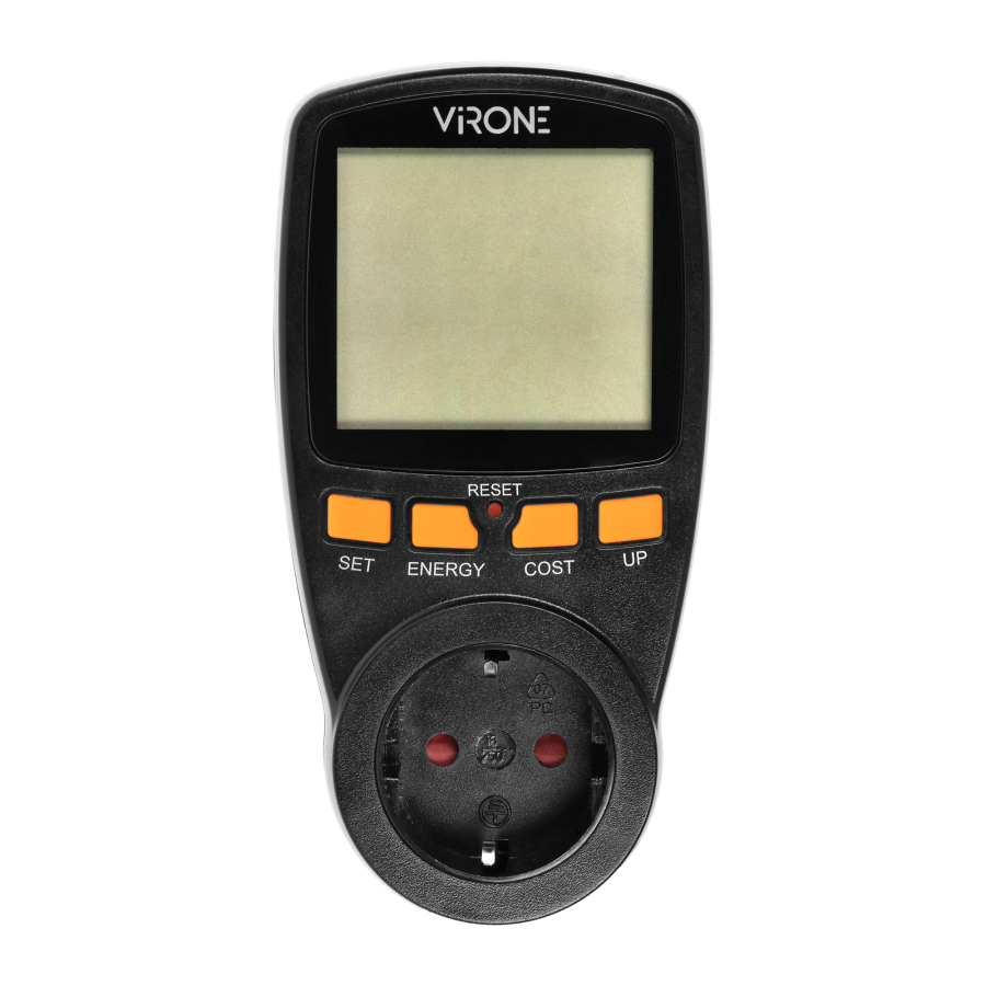 Jednotaryfowy watomierz, kalkulator energii z wyświetlaczem LCD, jedna taryfa, wbudowany akumulator, wersja Schuko, czarny