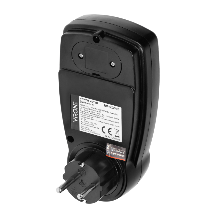 Jednotaryfowy watomierz, kalkulator energii z wyświetlaczem LCD, jedna taryfa, wbudowany akumulator, wersja Schuko, czarny