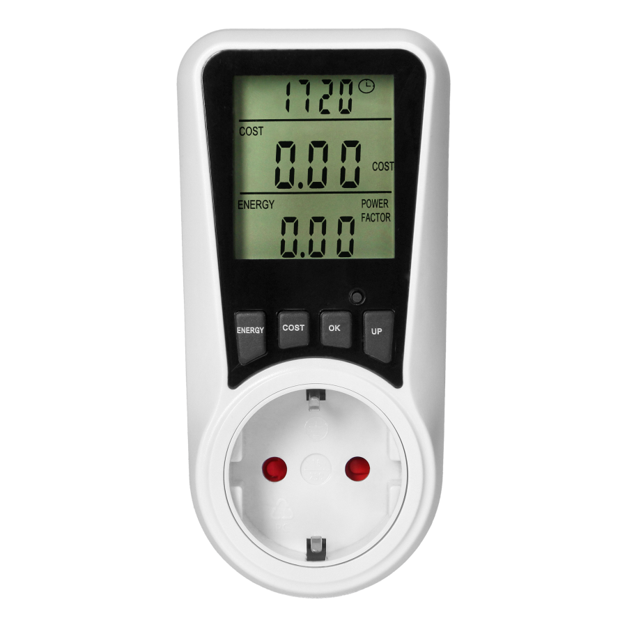 Dual tariff power meter with LCD, 2 tariffs, internal battery, 16A 230V, Schuko version