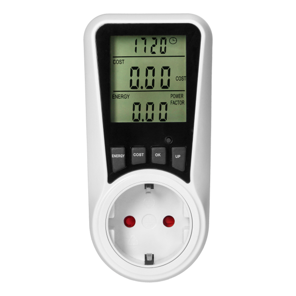 Dual tariff power meter with LCD, 2 tariffs, internal battery, 16A 230V, Schuko version
