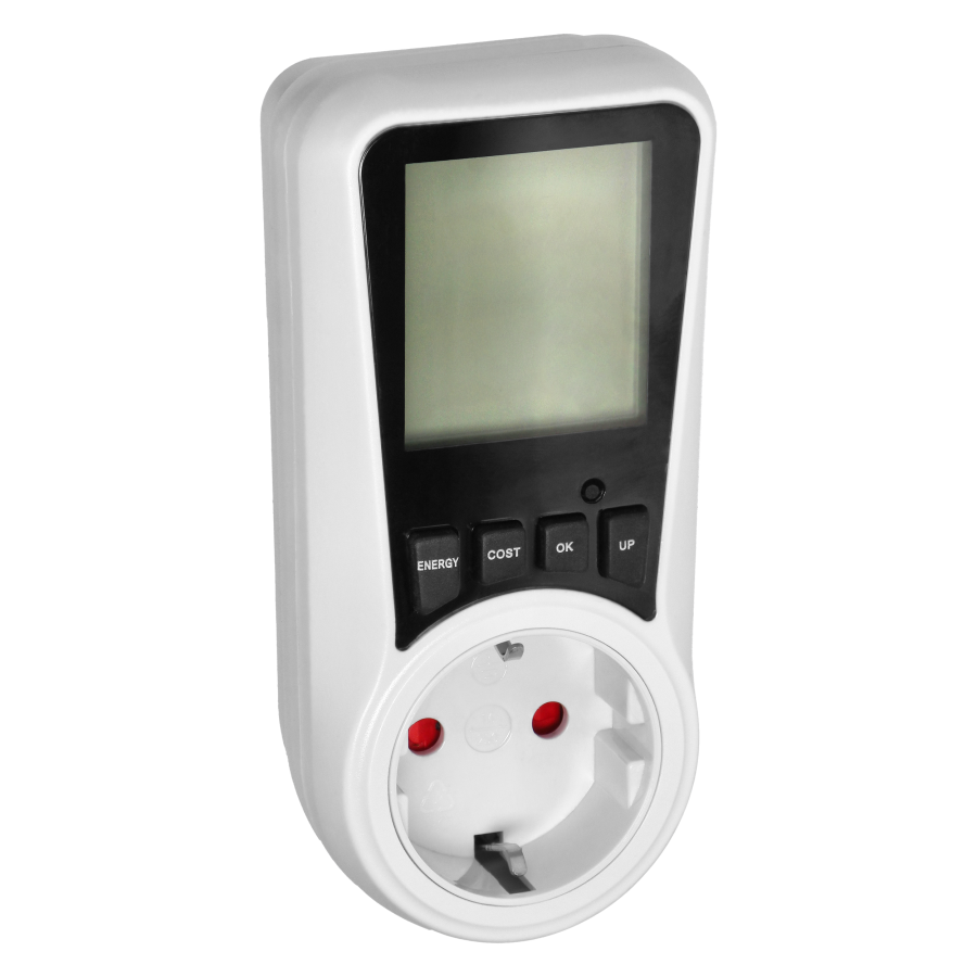 Dual tariff power meter with LCD, 2 tariffs, internal battery, 16A 230V, Schuko version