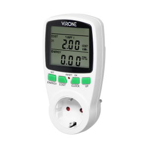 Dual tariff power meter with LCD display, 2 separate tariffs, inbuilt battery, Schuko