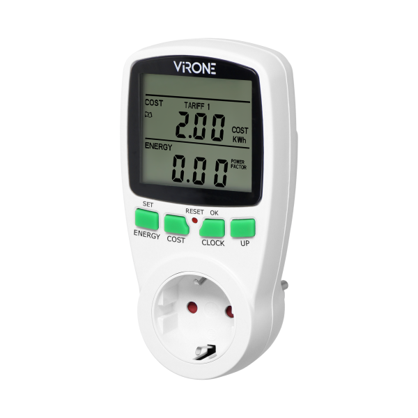 Dual tariff power meter with LCD display, 2 separate tariffs, inbuilt battery, Schuko