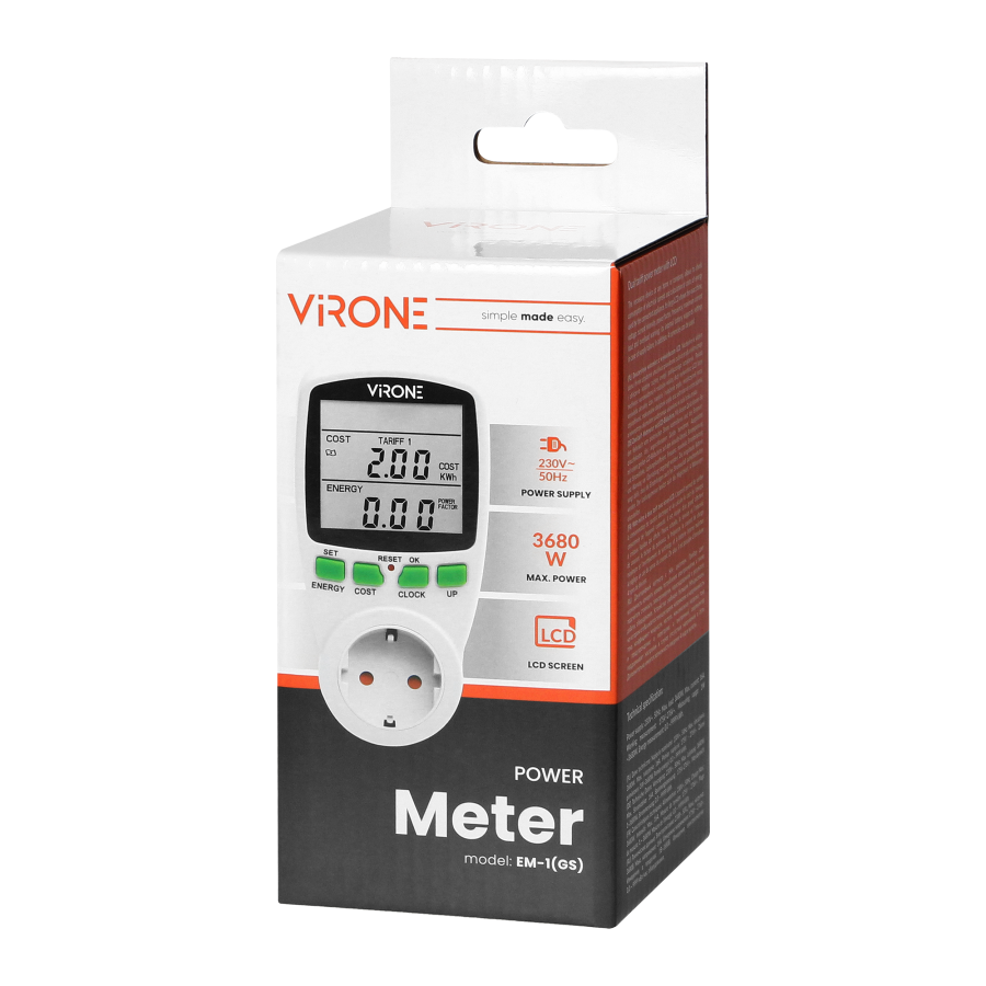 Dual tariff power meter with LCD display, 2 separate tariffs, inbuilt battery, Schuko