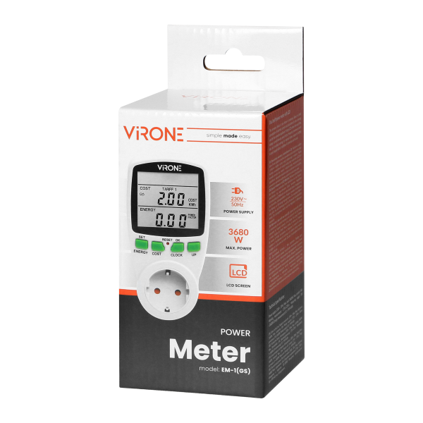 Dual tariff power meter with LCD display, 2 separate tariffs, inbuilt battery, Schuko