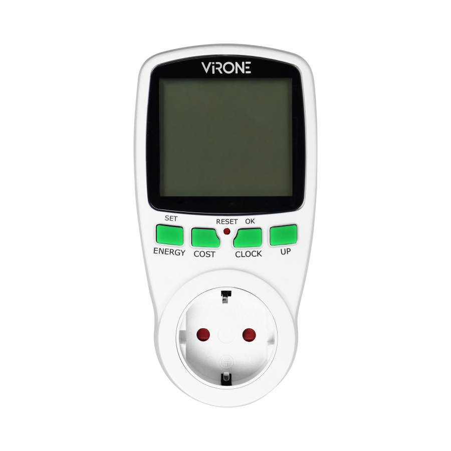 Dual tariff power meter with LCD display, 2 separate tariffs, inbuilt battery, Schuko