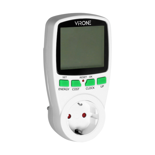 Dual tariff power meter with LCD display, 2 separate tariffs, inbuilt battery, Schuko