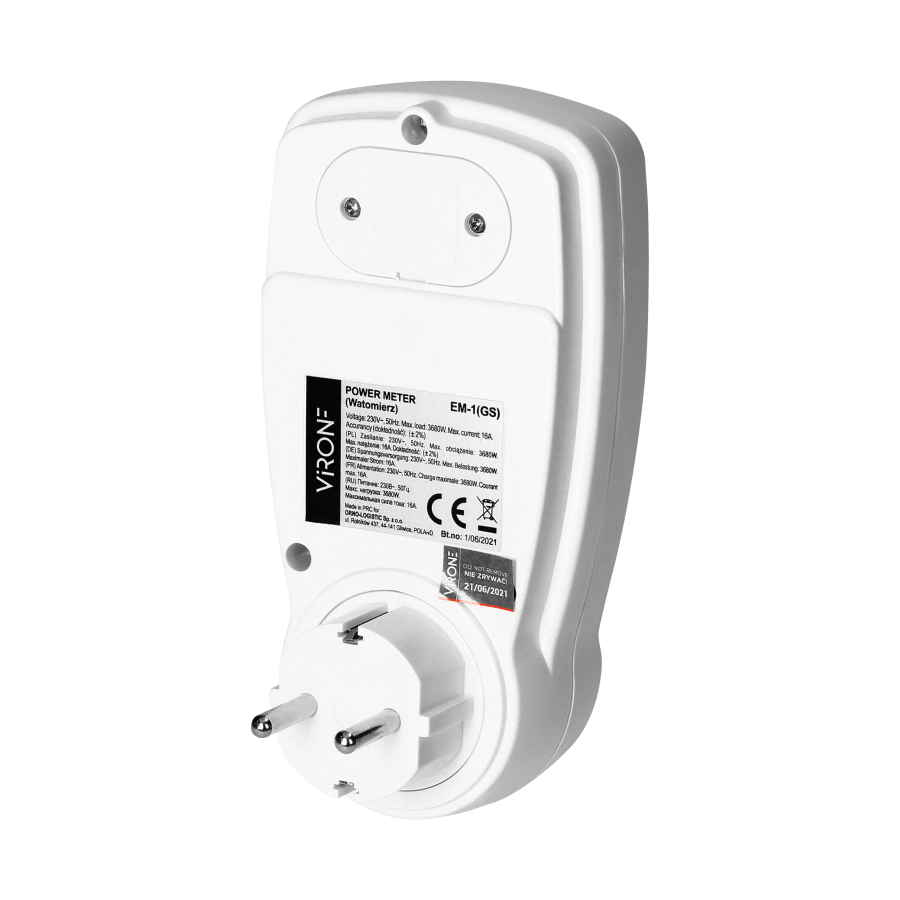 Dual tariff power meter with LCD display, 2 separate tariffs, inbuilt battery, Schuko