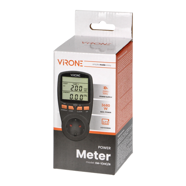 Dual tariff power meter, energy calculator, Schuko, black