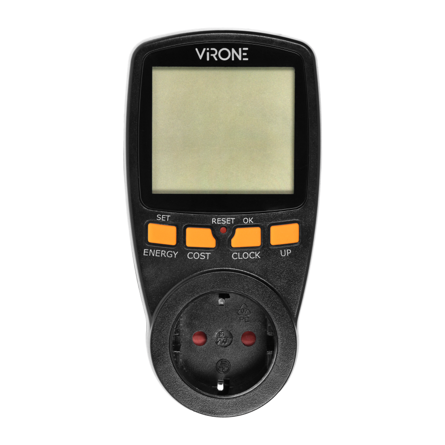 Dwutaryfowy watomierz, kalkulator energii z wyświetlaczem LCD, 2 oddzielne taryfy, wewnętrzny akumulator, wersja Schuko, czarny