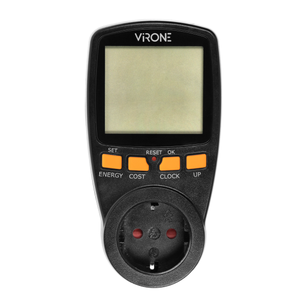 Dwutaryfowy watomierz, kalkulator energii z wyświetlaczem LCD, 2 oddzielne taryfy, wewnętrzny akumulator, wersja Schuko, czarny