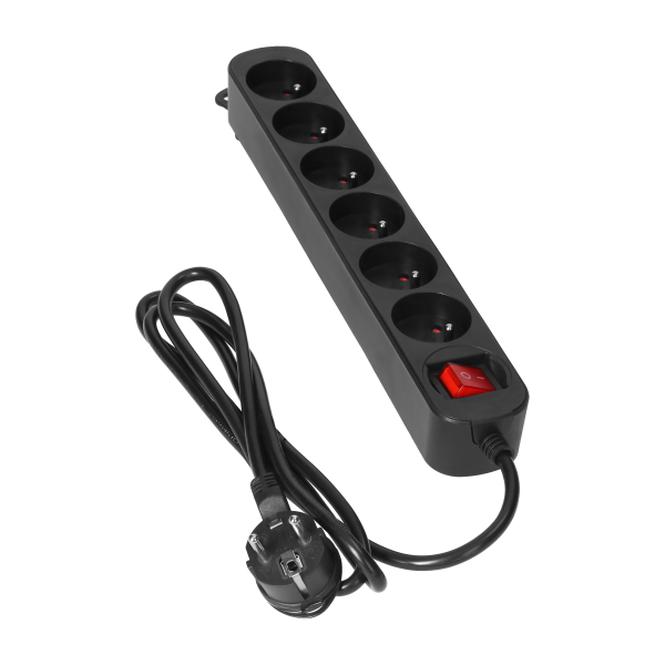 6 extension sockets 2P+E, with central switch, 1.5m H05VV-F 3x1.0mm2, Imax=10A,flat plug, black