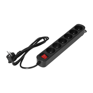 6 extension sockets 2P+E, with central switch, 3m H05VV-F 3x1.0mm², Imax=10A, flat plug, black