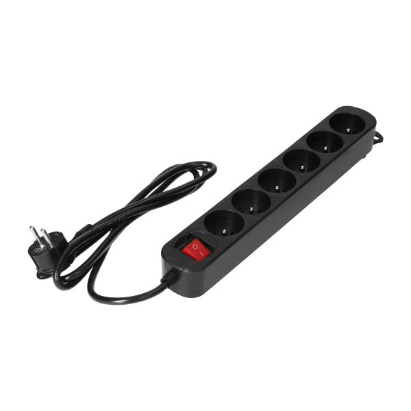 6 extension sockets 2P+E, with central switch, 3m H05VV-F 3x1.0mm², Imax=10A, flat plug, black