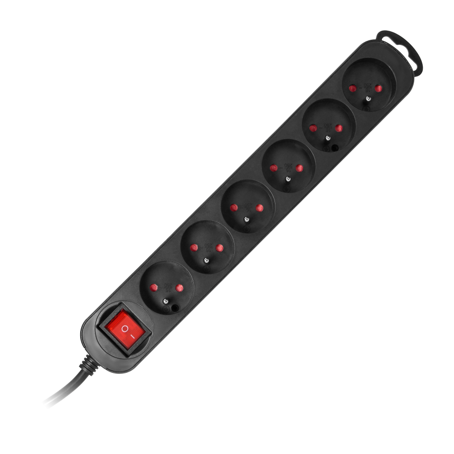 6 extension sockets 2P+E, with central switch, 3m H05VV-F 3x1.0mm², Imax=10A, flat plug, black