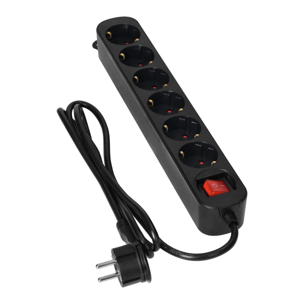 6 extension sockets 2P+E (Schuko), with central switch, 1.5m H05VV-F 3x1.0mm², Imax=10A,flat plug, black